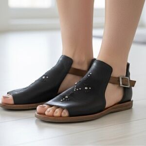 Miz Mooz Leather Ankle Strap Sandal Fifi Black Studded Detail Wide Size 40